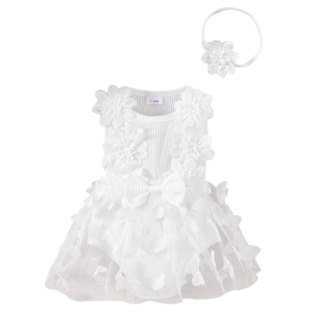 GPOECD Baby Girls Ribbed Bowknot Romper Headband Set Sleeveless Summer Baby Outfit with Breathable Design Sleeveless Rompers for Babies 1-18 Months White-d,6-9 Months