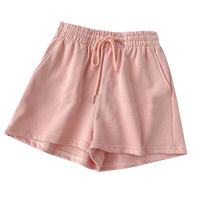 Timegard Shorts for Women Elastic Waisted Drawstring Athletic Sweatshorts Running Shorts with Pockets. These light pink shorts feature a soft elastic waistband with an adjustable drawstring, side pockets, and a loose fit for comfort. Made from 95% polyester and 5% spandex, they are lightweight, breathable, and ideal for casual wear, lounging, or outdoor activities.