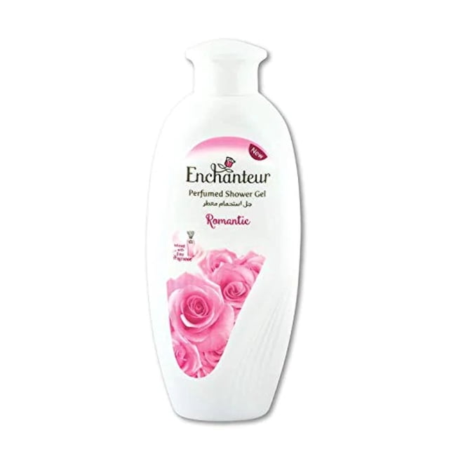 Enchanteur Romantic Perfumed Shower Gel (Body Wash) for Women, 250ml bottle with a white body and pink rose design. Infused with roses and jasmine extracts, enriched with silk proteins for soft and fragrant skin. Ideal for daily use with a loofah.