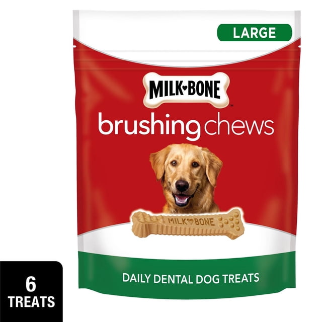 Milk-Bone Brushing Chews Dental Treats for Large Dogs in a red and green resealable bag featuring the Milk-Bone logo and a textured dental chew bone with ridges and nubs for tartar control, designed for daily oral care and containing 6 treats.
