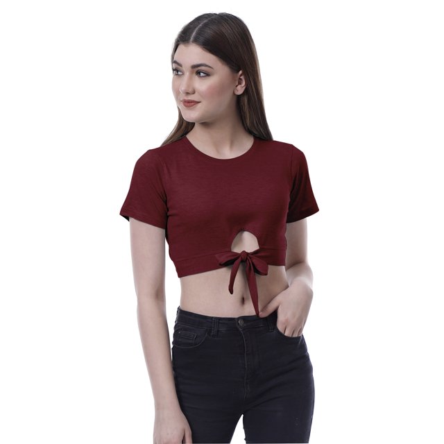 Moomaya T-Shirt Court à Nœud devant pour Femmes, Manches Courtes, Col Rond, Haut Noué