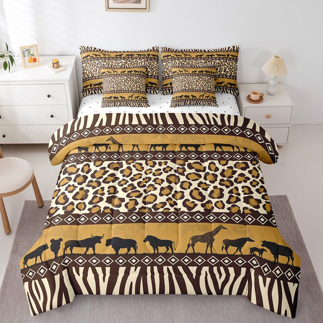 YST Cowhide 7Pcs Bed In A Bag Leopard Print Bed Set Twin,Western Tribe Aztec Bedding Set with Comforter Farmhouse Wild Animals Cushiom Covers Exotic Rustic Sheet Set for Adults