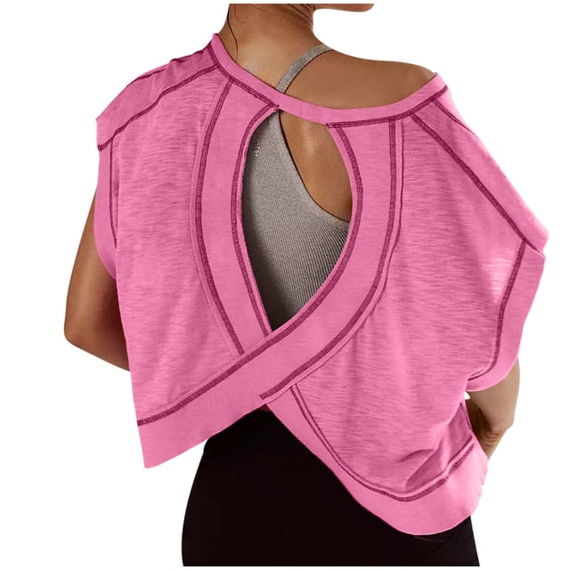 Amzcrzy Hauts pour Femmes Tendance Couleur Unie Hauts de Printemps Été pour Femmes Décontractés Manches Courtes Col Rond T-Shirts Dos Découpé Confortables Hauts de Sortie