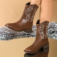 thumbnail image 3 of Cowboy Boots for Women Classic Embroidered Leather Round Toe Wide Mid Calf Cowgirl Boots Casual Winter Fall Slip on Riding Short Booties with Back Zipper, 3 of 7