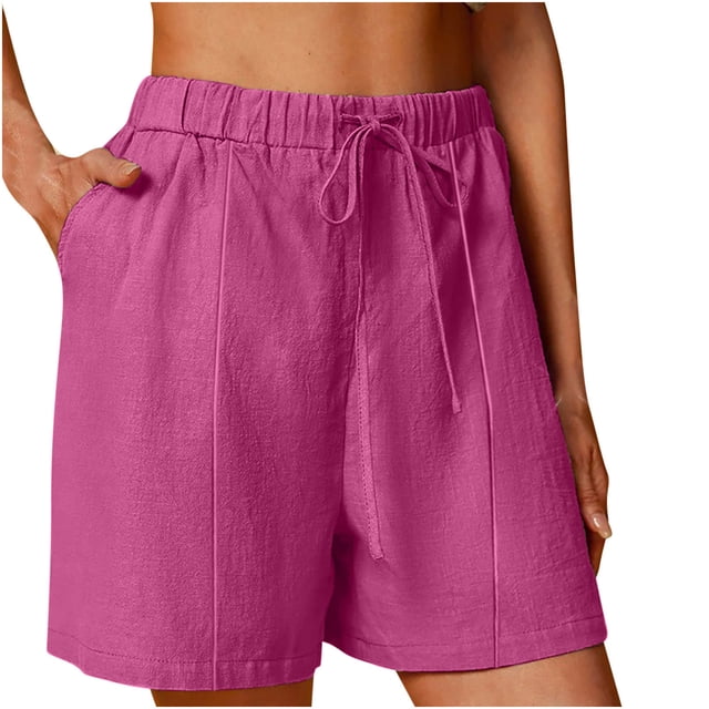 Annhoo Womens Plus Size Cotton Linen Shorts High Waisted Drawstring Wide Leg Solid Comfy Casual Shorts with Pockets