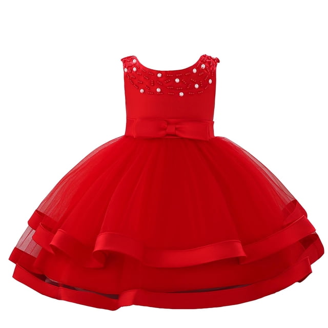 MIASHUI Robe de Concours pour Filles, Robe de Fête à Volants avec Fleurs, Robe de Bal de Mariage pour Enfants, Robe de Princesse Formelle, Rouge, 3-6 Mois