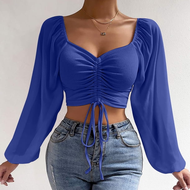 Lenpel Women's T Shirts Lantern Long Sleeve Deep V Neck Drawstring