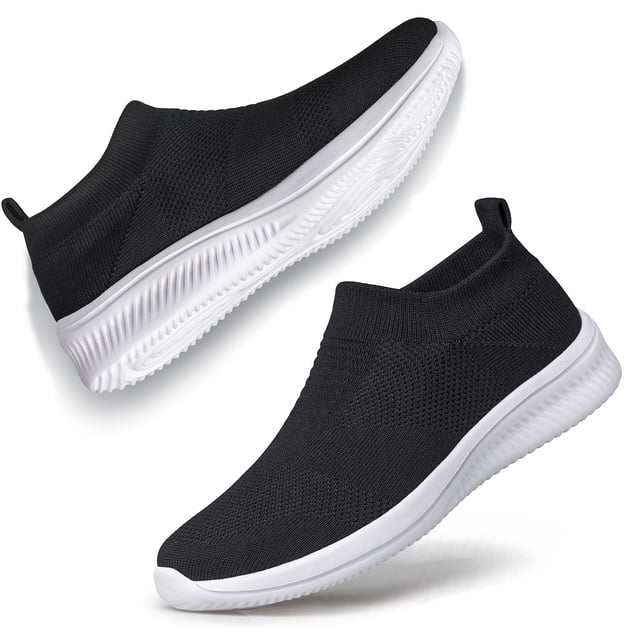 ADQ Chaussures de Marche pour Femmes, Ballerines Décontractées, Espadrilles Athlétiques à Enfiler, Montrées en Noir avec une Semelle Extérieure en EVA Blanche. Ces Chaussures Légères et Respirantes Dotées d'Une Tige en polyester Tricoté pour la ventilation et de Semelles Antidérapantes pour la Stabilité. Convenant à la Marche, au jogging, à la Randonnée et aux Activités Quotidiennes.