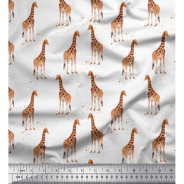 Soimoi White Rayon Fabric Dot & Giraffe Animal Decor Fabric Printed BTY 42 Inch Wide