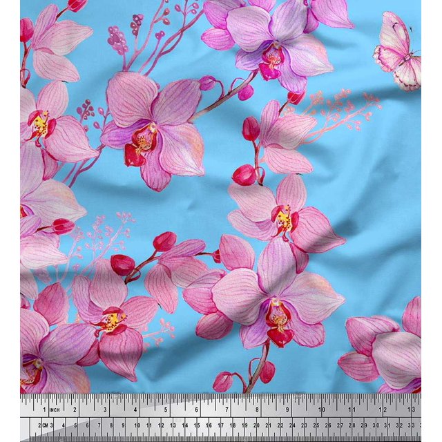 Soimoi Velvet Fabric Bird & Orchids Flower Decor Fabric Printed Yard 58 Inch Wide