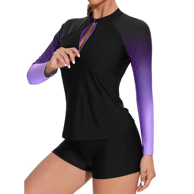 Charmo Women Two Piece Rashguard Sets Long Sleeve Swim Tops& Boy Shorts