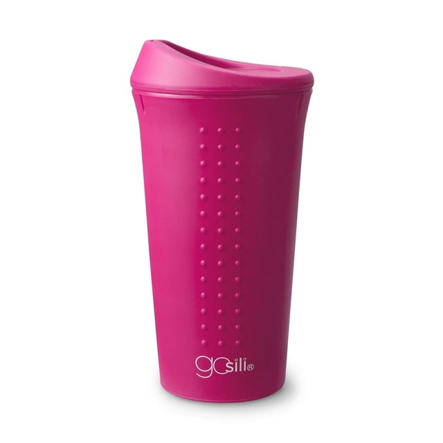 GoSili To-Go Cup, 16oz hot pink reusable silicone travel mug with a spill-resistant lid and raised dot grip texture, made from durable European-grade platinum silicone, ideal for sustainable on-the-go beverage use.