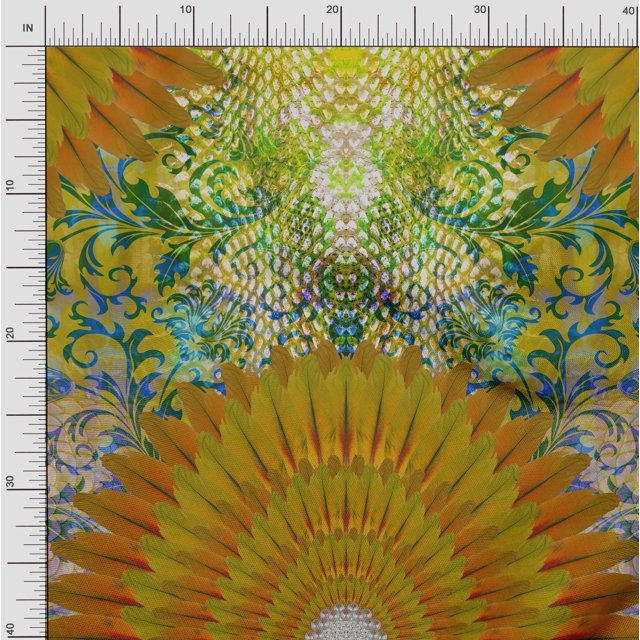 Soimoi Polyester Crepe Fabric Floral & Feather Panel Print Fabric by The Yard 52 Inch Wide