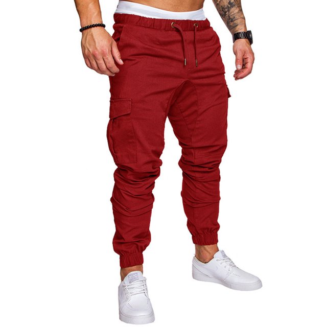 Innerwin Bas Taille Élastique Pantalon Homme Sport avec Multiples Poches Pantalon Uni Rouge Vin G