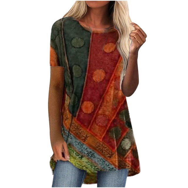 EQWLJWE Hauts d'Été pour Femmes Hauts pour Femmes Liquidation Femmes Décontracté Imprimé Manches Courtes Col Rond Chandail Blouse T-shirt Hauts
