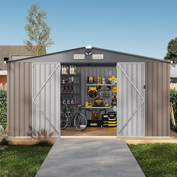 10x12 ft Heavy Duty Galvanized Steel Storage Shed, Outdoor Utility Shed with Sloped Roof, Lockable Door and Windows for Backyard Garden Garage Patio, Brown