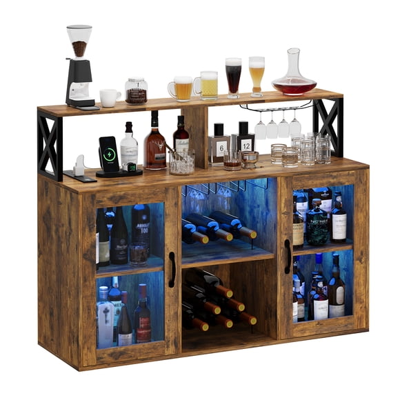Wine Bar Cabinet with LED Light, Industry Coffee Bar Cabinet with Wine Rack, Glass Holder, and Power Outlets, Kitchen Sideboard Buffet Cabinet for Living Room Dining Room