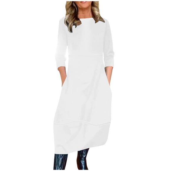 Long Sleeve Tunic Dress for Women Plus Size Fall Maxi Dresses Loose Casual Plain Long Dresses with Pocket White, L