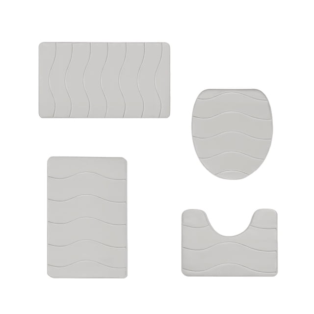 zanvin Bath Mats, Memory Foam Bath Mat 4 Set Bathroom Rugs in beige, featuring a universal design with soft velvet fleece material and memory foam backing. The set includes a toilet mat, two bath mats, and a square bath floor mat, all with a non-slip rubber backing and wave pattern design. These mats are water-absorbent, machine washable, and quick-drying, making them ideal for modern bathroom decor.