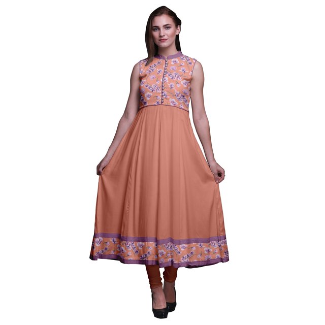 Bimba Robe Anarkali Fleurie Orange Pêche Foncée Col Mandarin Sans Manches Kurtis pour Femmes Robe Maxi à Imprimé X-Small