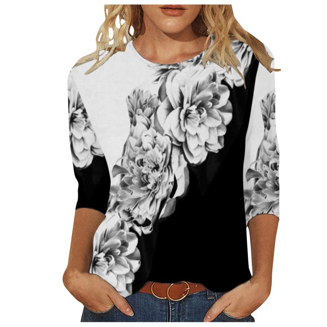Pompotops T-shirt de Mode pour Femme Mi-Long Manches 3/4 Blouse Col Rond Hauts Décontractés Liquidation