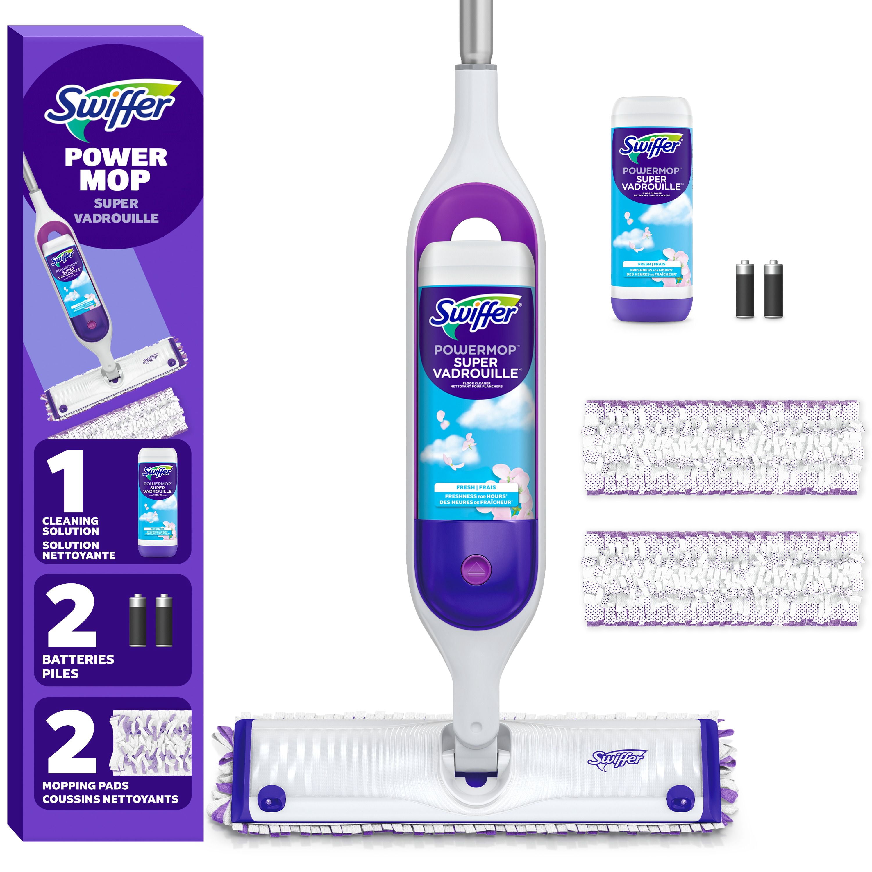 Swiffer PowerMop Multi-Surface Mop Kit for Floor Cleaning, Fresh Scent, Mopping Kit Includes PowerMop, 2 Mopping Pad Refills, 1 Floor Cleaning Solution with Fresh Scent and 2 batteries