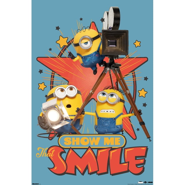 Minions & Monsters Show Me That Smile poster showing illustrated yellow Minions and colorful cartoon monsters smiling, centered composition with the show title printed at top, designed for wall display in children's rooms or play spaces; often used as dorm or playroom décor.