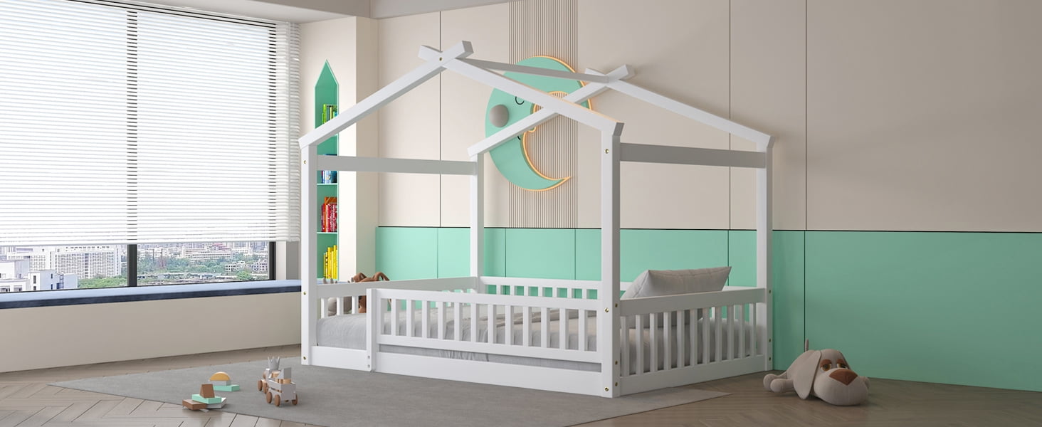 Cadre de lit cabane en bois Noble House pour lit double avec clôture, blanc