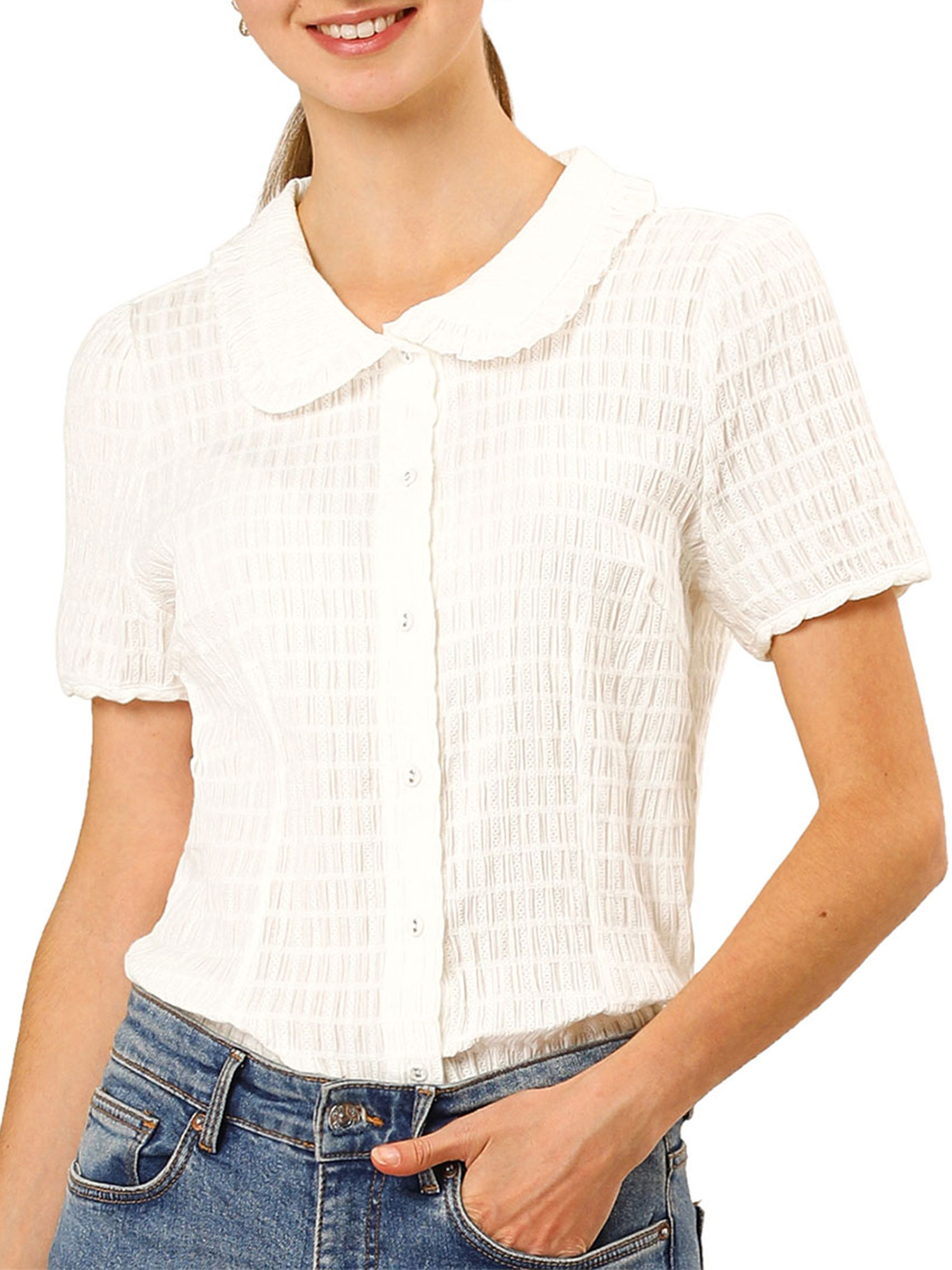 INSPIRE CHIC Chemise Douce pour Femme Vintage à Col Poupée Mignon Boutonnée m Blanc