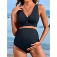 thumbnail image 3 of Charmo V Neck Maternity Swimsuits Ribbed Twist Front Bikini Sets High Waist Pregnancy Bathing Suits for Womens, 3 of 6