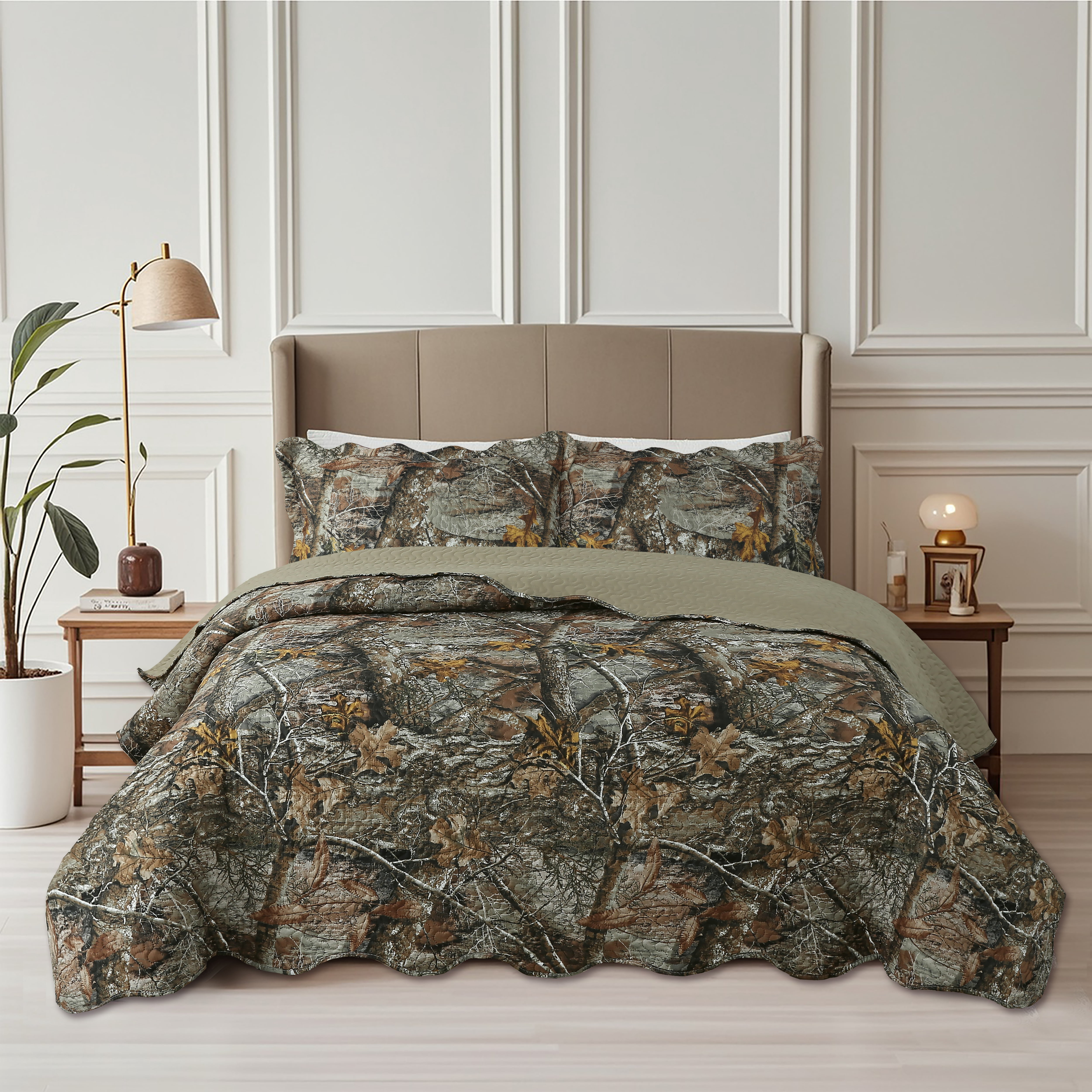 Literie 3 pièces Home Pinsonic Bedding, couvre-lit doux imprimé en relief avec 2 taies d'oreiller, motif camouflage rustique forêt, taille king.