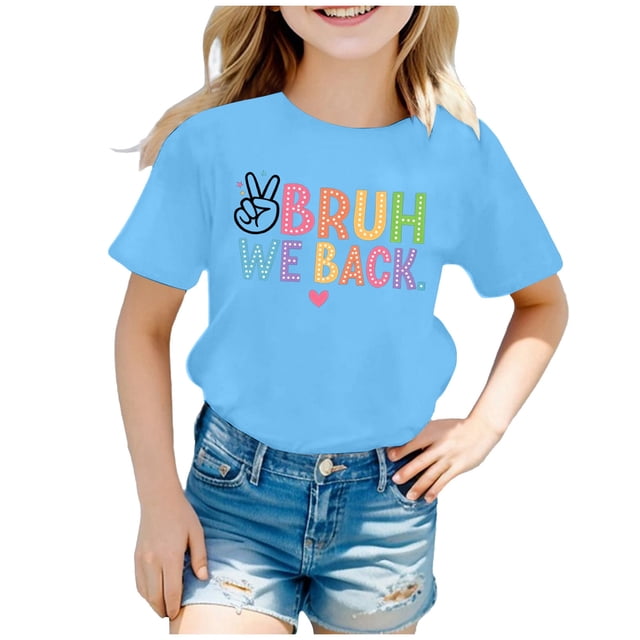 PMVFHDE Hauts Fille Hauts Filles T-Shirts Graphiques pour Fille Hauts Filles T-Shirts pour Enfants Rentrée des Classes Graphique Manches Courtes Col Rond T-Shirt Lumineux et Confortable pour Garçons et Filles Bleu Clair, 4-5 Ans