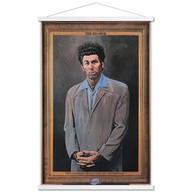 Seinfeld - Kramer Wall Poster, 22.375" x 34" featuring a framed portrait of Kramer wearing a light brown jacket over a blue collared shirt against a dark background, with 'THE KRAMER' text at the top and a quote at the bottom, printed on glossy poster paper suitable for home or office wall décor.