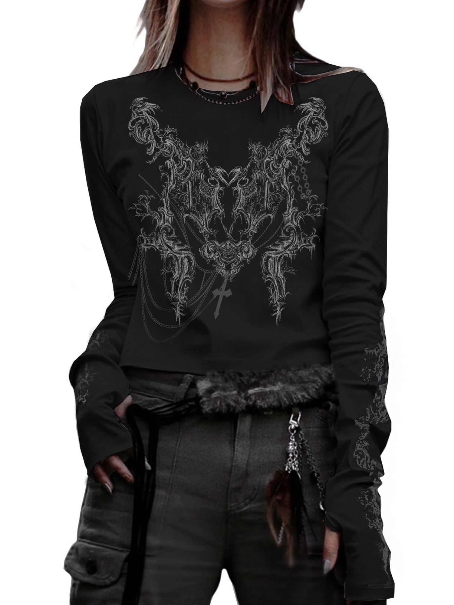 Fortune T-Shirts Goth pour Femmes à Manches Longues, Coupe Ajustée, Court, T-Shirts Vintage