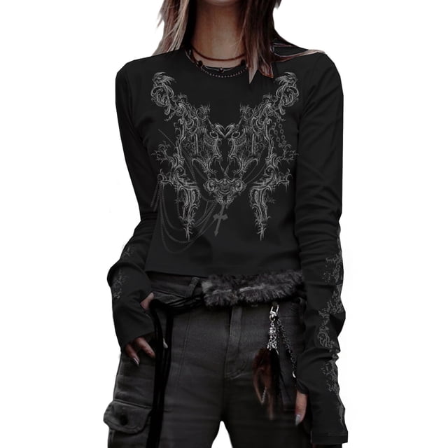 Fortune T-Shirts Goth pour Femmes à Manches Longues, Coupe Ajustée, Court, T-Shirts Vintage