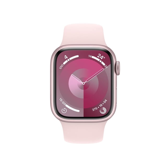 Apple Watch Series 9 GPS en Aluminium Rose avec Bracelet sport Rose, Affichant un Cadran Analogique Circulaire avec Température, Indice UV, Minuterie et Bagues d'Activité, Mettant en Valeur le Suivi de la Condition Physique et les Fonctions de Surveillance de la Santé, Orienté vers l'Avant sur Fond Blanc.