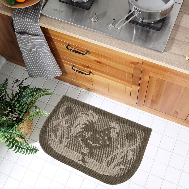 Décor Luxe Antidérapant Dos en Caoutchouc Sécurité Ultra Absorbant l'Eau Doux Durable Tissé Moelleux Tapis de Couloir Sol Intérieur Cuisine; Design Coq Brun Ensemble 2 Pcs