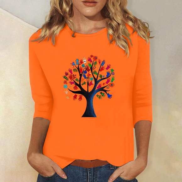 Jienlioq Long Sleeves Tops for Women Women's Loose Casual Orange Knot Orange Round Neck Three Quarter Sleeve T-Shirt Top Black Friday Deals