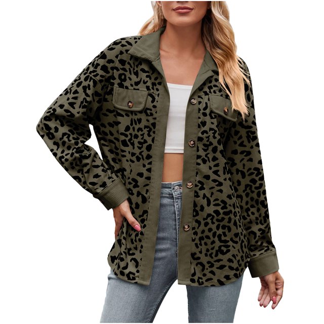 PEZHADA Womens Shacket Jacket New Leopard Print Button Long Sleeve Jacket Shirt Coat with Pocket Army Green