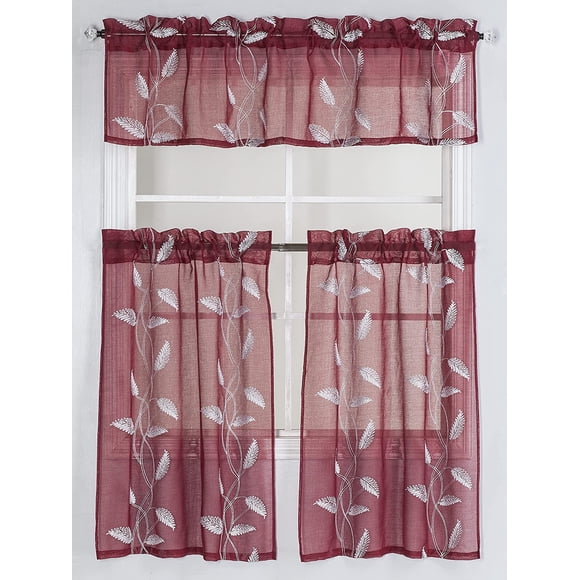 Rideau de Cuisine Transparent avec Élégante Broderie de Feuilles (Ensemble 3 Pcs - 2 Niveaux et 1 Cantonnière) (Bourgogne)