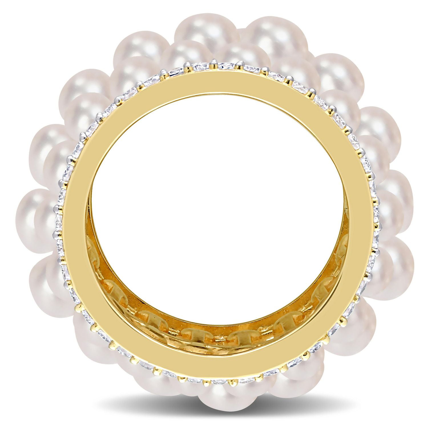 Bague d'éternité à trois rangées de Miabella avec perles culture d'eau douce et 1-3/5 carat PBT de Saphir blanc synthétique en argent sterling plaqué jaune