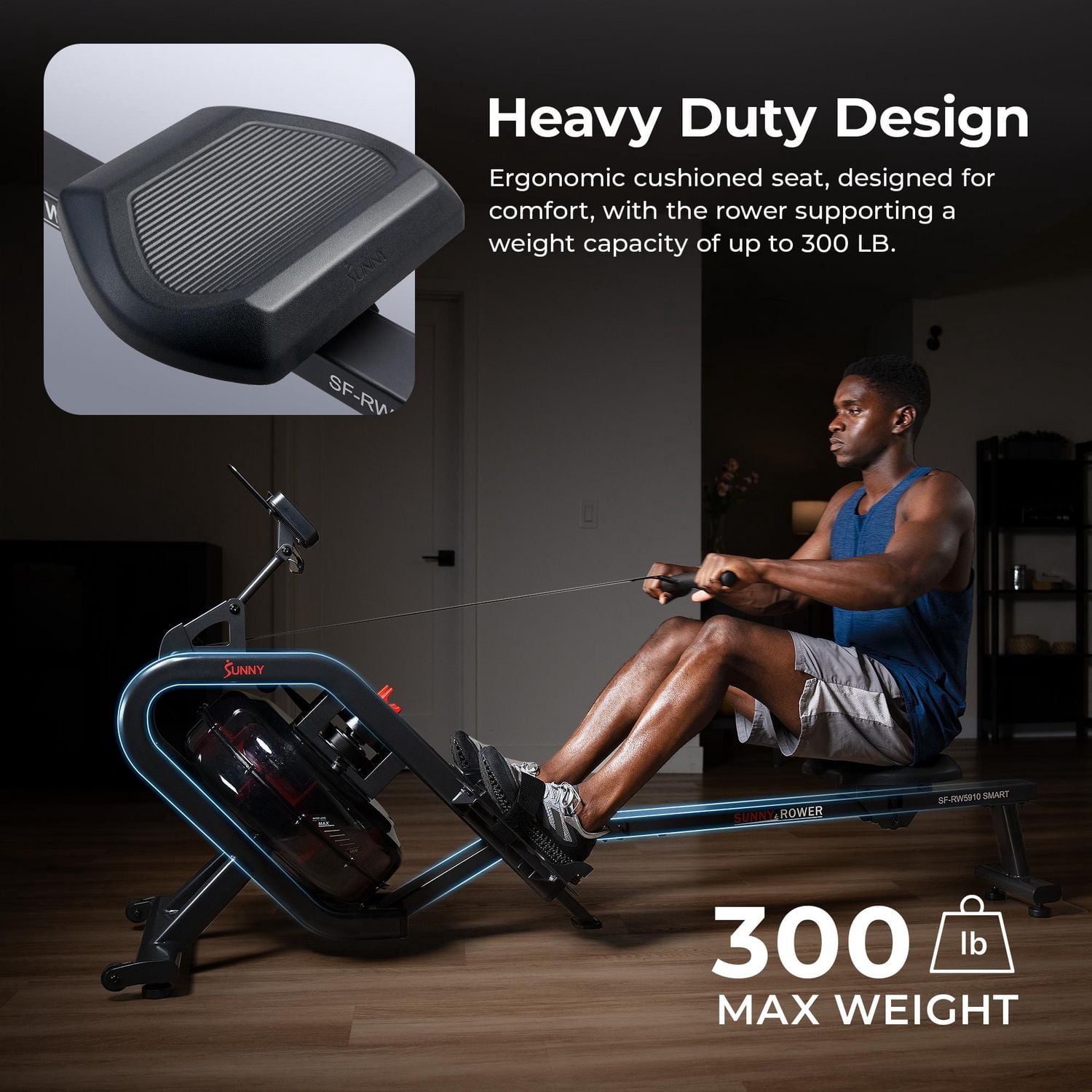 **Rameur à Eau Intelligent Phantom Hydro Sunny Health & Fitness**, avec Résistance Dynamique en Temps Réel, Capacité de 300 LB, Pliable, Connexion Bluetooth et Rail Extra Long – Modèle **SF-RW5910SMAR