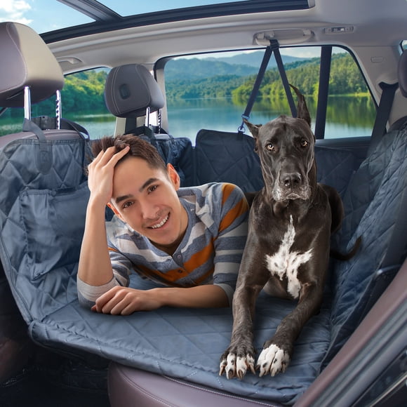 Petjoy Dog Car Seat Cover for Back Seat, Waterproof Nonslip Heavy Duty Pet Hammock with Mesh Window and Side Flaps, Backseat Protector for Car SUV Truck