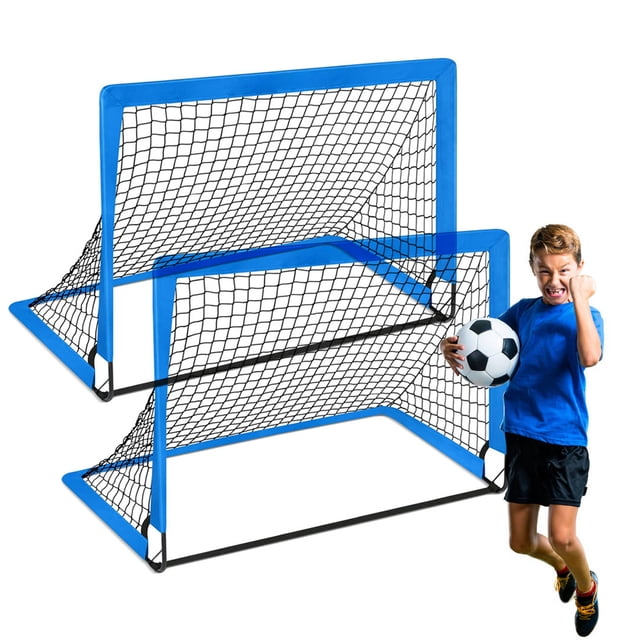 2-Pack Foldable Kids Soccer Goals Set with 4 Support Rods, 4 Connecting Rods, 8 Ground Nails & 2 Storage Bags - Portable Steel/Fiberglass/Oxford Cloth Training Frames for Indoor/Outdoor Use, Blue
