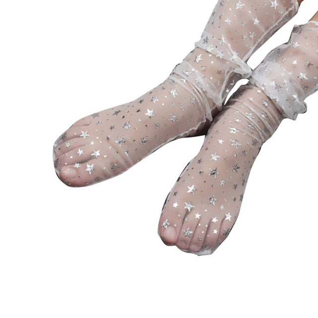 Girls Spring Nylon Glitter Stars Spring nylon Mesh Socks Women Transparent Sheer Thin Ankle Gauze Stockings