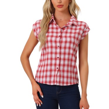 INSPIRE CHIC Women's Point Collar Short Cap Sleeves Plaids Button Down Shirt XL Red Plaid