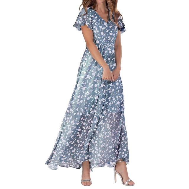 WTXUE Robes d'Été pour Femmes 2024, Robe d'Été Décontractée à la Mode pour Femmes à Fleurs, Col en V, Manches Courtes, Longue, Col en V, Manches Courtes, Patte, Robe de Loisirs, Kaki