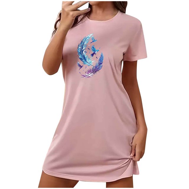 Mrat Pyjama pour Femmes Jupe-Short Robe pour Femmes Vêtement de Nuit Manches Courtes Chemise de Nuit Décontractée Imprimée Robe de Sommeil Ample Confortable Pyjama Nuisette S-92 Rose-A m
