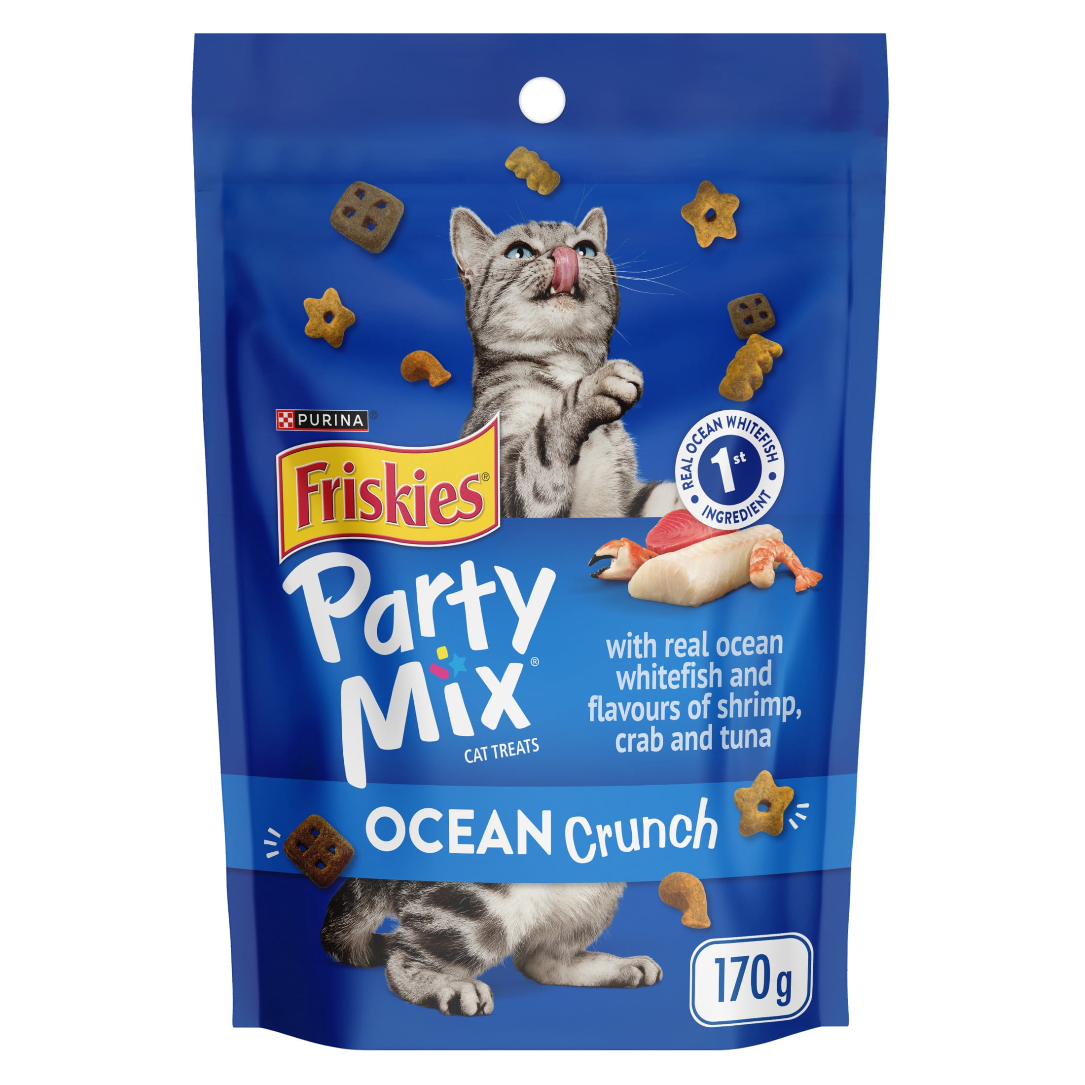 Purina Friskies Party Mix Croquant Océan type croquettes avec du vrai poisson de mer blanc, gâteries pour chats, 510 g