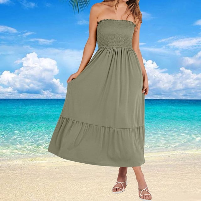 Gspmoly Robes d'Été pour Femmes 2025, Robe d'Été pour Femmes Sans Bretelles Smockée Ligne A Évasée Mode Bohème Robe de Plage Fête Longue Robe Maxi avec Poches Robes Formelles pour Femmes Économies d'Été